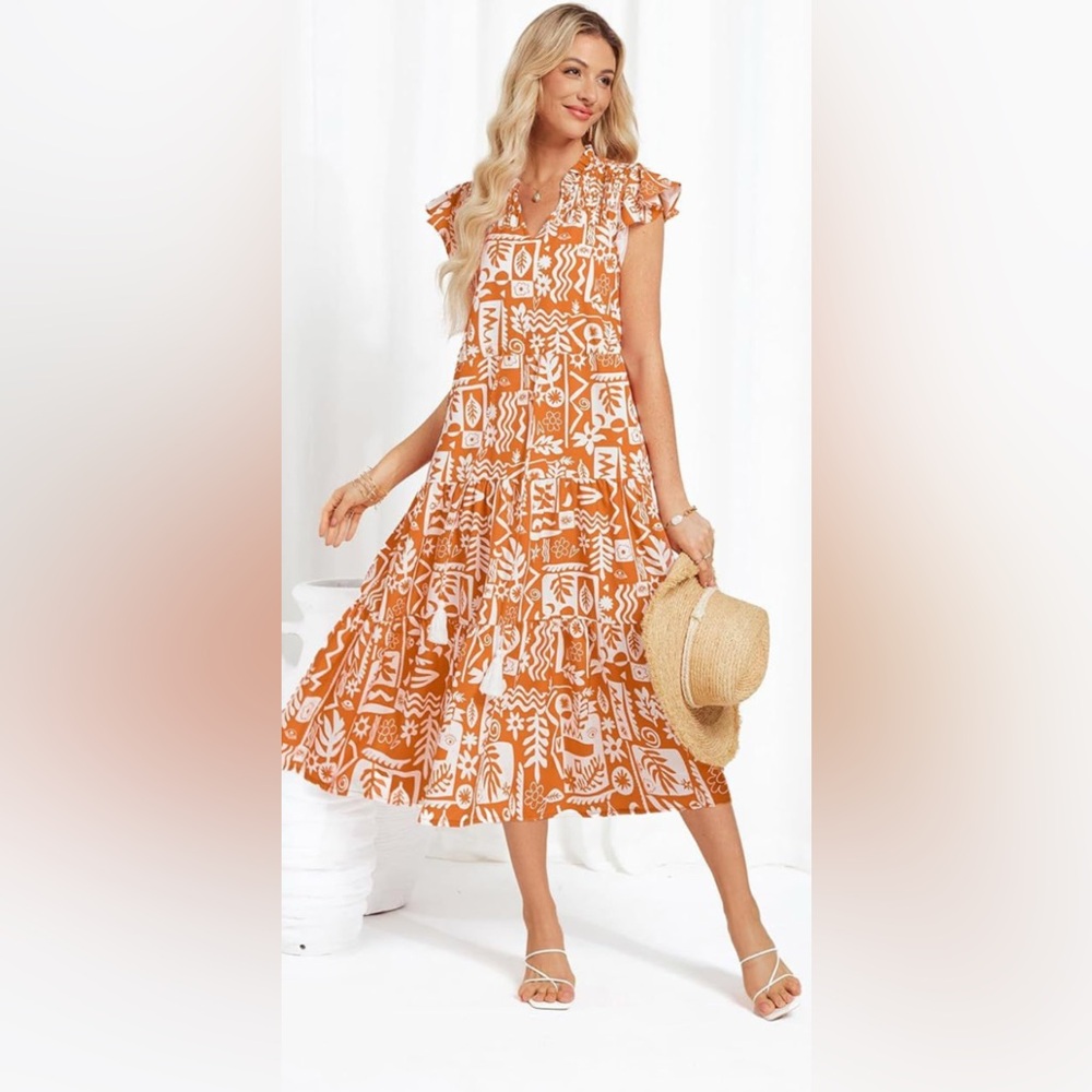 Grace Karin Orange and White Printed Maxi Dress